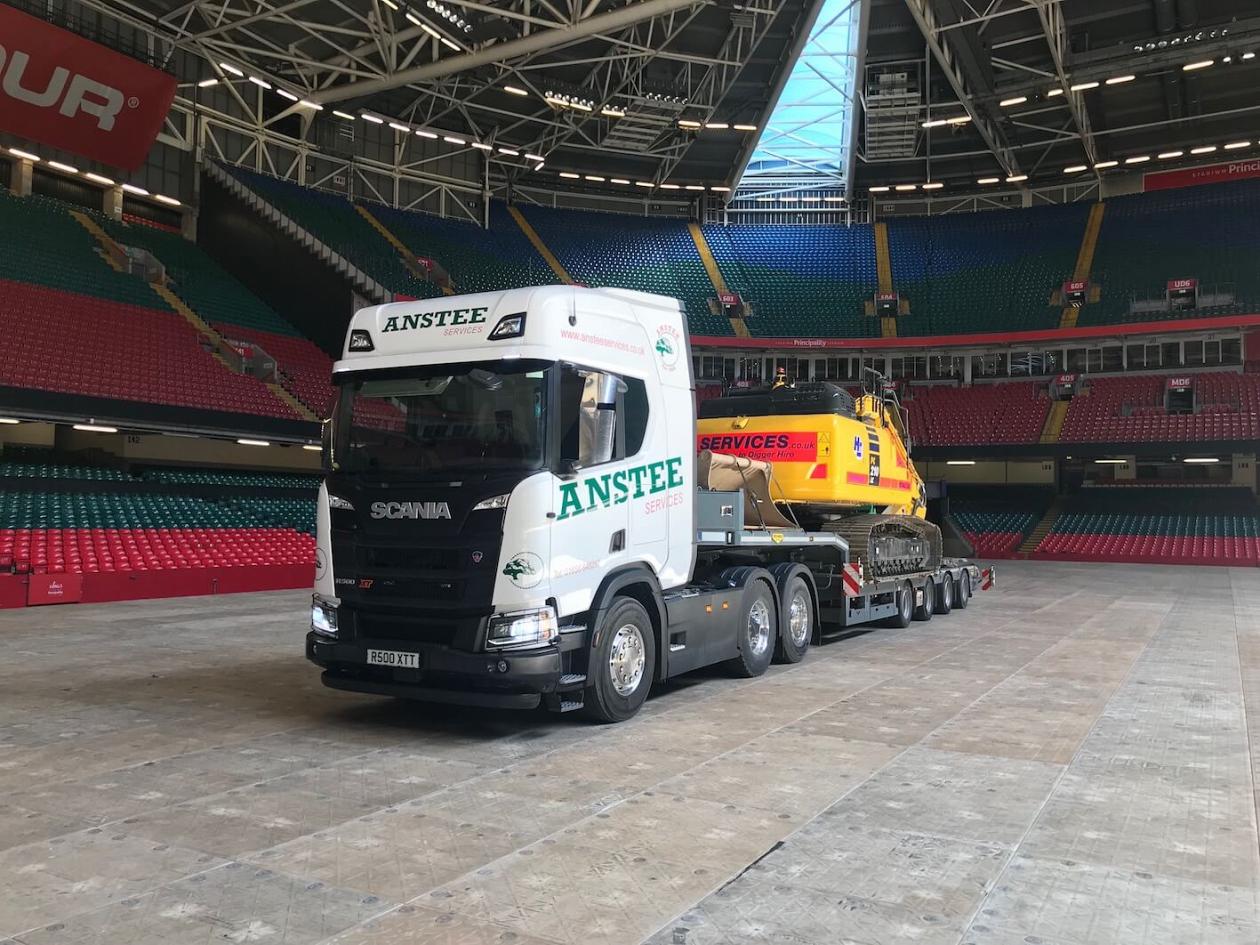Above: Low loader delivery to the Principality Stadium, Cardiff