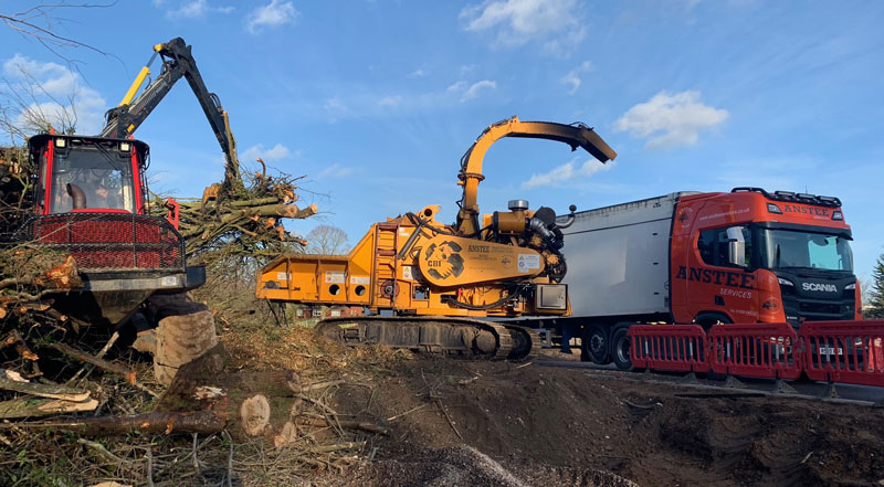 Above: Our site clearance services are complemented by our whole tree chippers and shredders for fast and efficient wood processing.